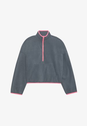Grauer Fleece-Pullover mit einem Viertel-Reißverschluss, rosa Akzenten am Kragen und Saum sowie einer vorderen Kängurutasche. Gekürztes Design mit langen Ärmeln.
