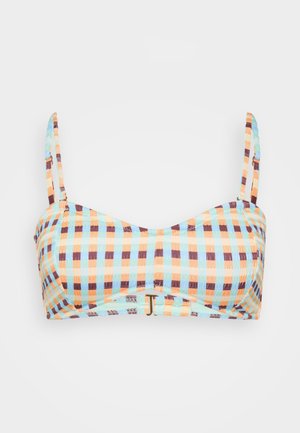 Haut de bikini avec un motif à carreaux multicolores en bleu, orange et marron, doté de fines bretelles et d'un détail de fermoir central.
