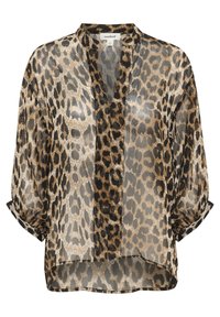 Gennemsigtig bluse med leopardprint i guld, sort og taupe, med en afslappet pasform, krave og opsmøgede ærmer.