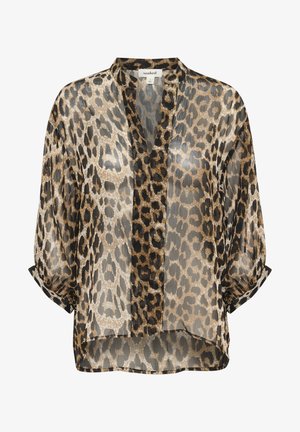 Blouse transparente à imprimé léopard en or, noir et taupe, avec une coupe décontractée, un col et des manches retroussables.