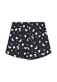 Pantaloni neri con vita elastica, decorati con un motivo di arcobaleni, nuvole e fiori in colori pastello. Tessuto morbido e leggero.
