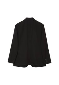 Blazer noir avec un col cranté, des manches longues, une fermeture à un bouton et une texture lisse. Présente des coutures subtiles et aucun motif visible.