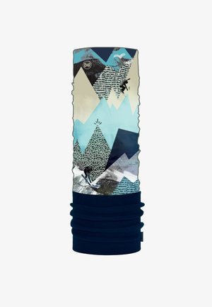 Gaiter multifuncional para el cuello en tejido sintético, con patrones abstractos de montañas en azul, crema y marino oscuro, y bordes ondulados.