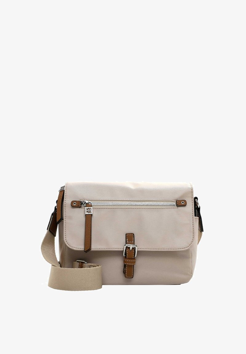 Beige schoudertas met bruine leren accenten; heeft een voorvak met rits, een verstelbare schouderband en een veilige kliksluiting.