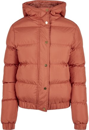 Rustfarvet dunjakke med hætte, frontlukning med trykknapper, quiltet vandret syning samt elastiske manchetter og kant.