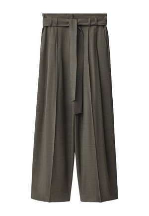 Wijde broek in gestructureerde donkergrijze stof, met een hoge taille, een riem met lussen en enkele plooien aan de voorkant voor extra detail.