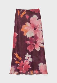 Blommig maxikjol i mörklila med stora rosa och orange blommönster. Lättvikts, genomskinligt tyg med en mjuk textur och flytande design.