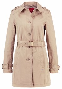 Beige trenchcoat van lichtgewicht stof, met een tailleband, schouderepauletten, twee voorzakken en een gestreepte binnenvoering.