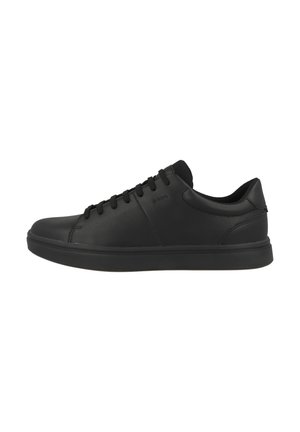 Black sneakers made of smooth leather, featuring a rounded toe, lace-up front, and cushioned sole. Minimalist design with no visible logos.