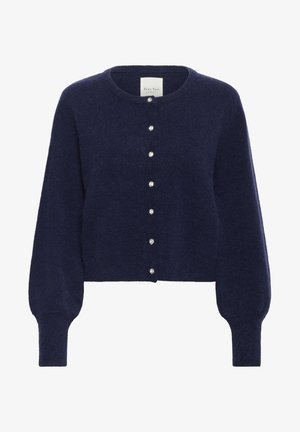 Negaļas zila vilnas kardigans ar sešām priekšpusē kristāla pogām, apaļu kakla izgriezumu, garām pūstām piedurknēm un ribotām aprocēm un apakšu.