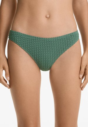 Zelené bikiny spodní část vyrobená z texturované látky s mřížkovým vzorem, s středně širokým pasem a nízkým střihem.