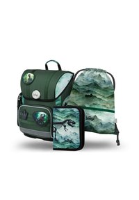 Set di zaini composto da uno zaino in tessuto verde con grafiche di dinosauri, una borsa con coulisse abbinata e una pochette con zip con un design scheletrico.