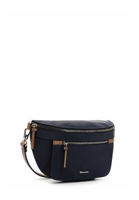 Navy blue shoulder bag made from smooth fabric, featuring two zippered compartments, brown leather accents, and adjustable strap.