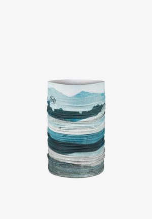 Braga tubular multifuncional con diseño de paisaje montañoso azul y blanco y logo Buff sobre fondo azul claro.