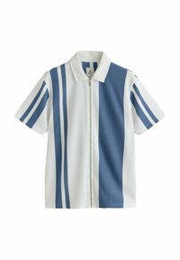Short-sleeve shirt with a zip front, featuring blue and white vertical stripes, ribbed texture, and a classic collar.