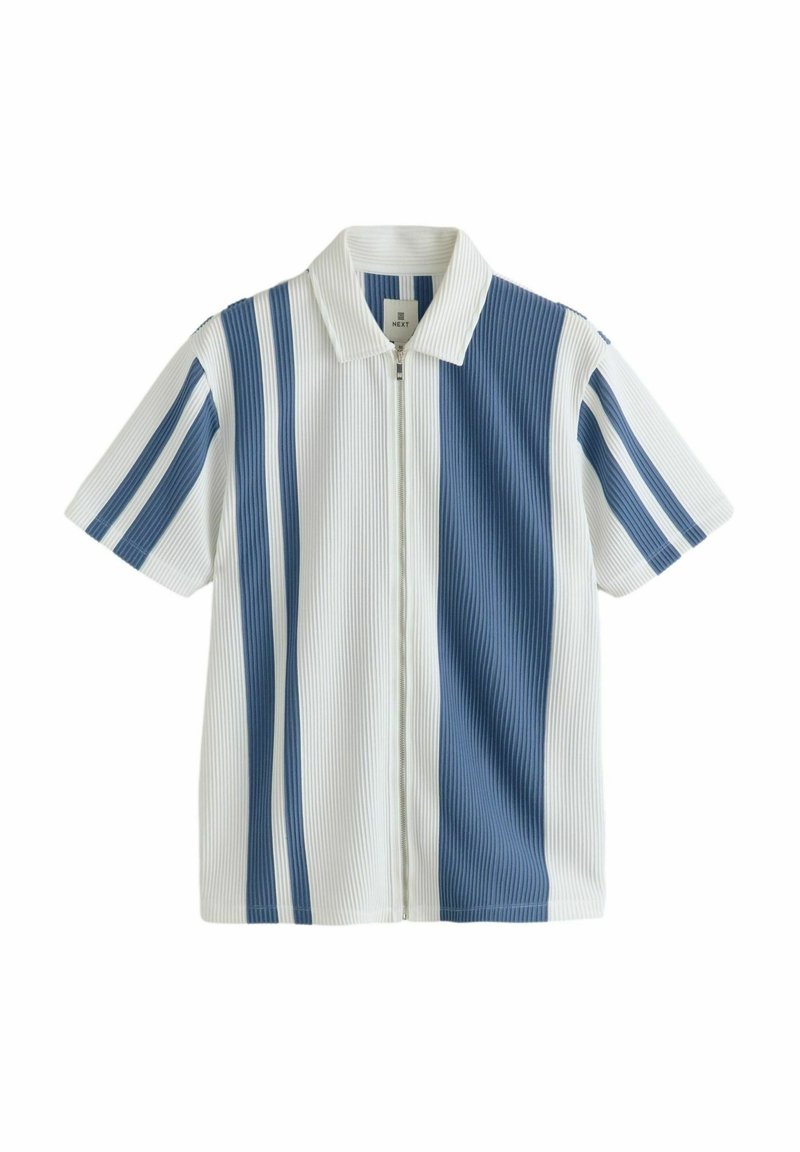 Short-sleeve shirt with a zip front, featuring blue and white vertical stripes, ribbed texture, and a classic collar.