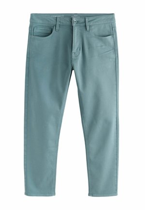 Niebiesko-zielone dopasowane spodnie męskie z zapięciem na guziki, przednimi kieszeniami, szlufkami na pasek oraz małą kieszonką na monety po prawej stronie.