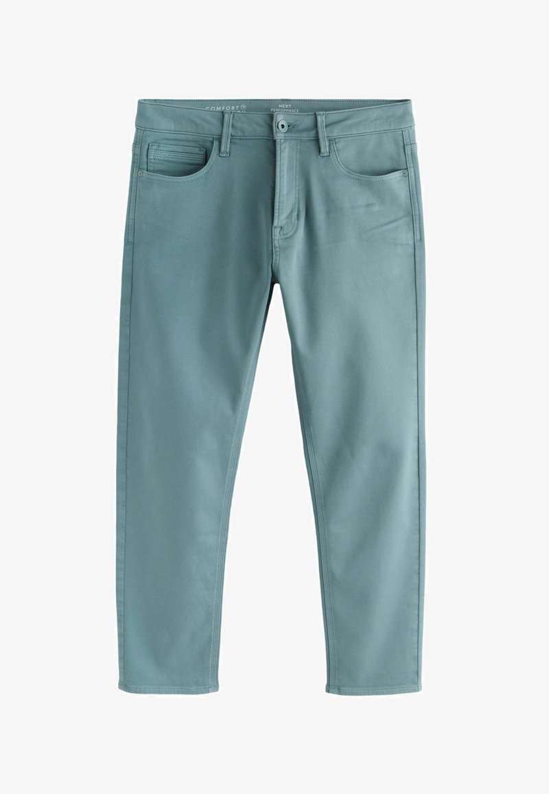 Pantalon bleu-vert pour homme, coupe slim, avec fermeture par bouton, poches avant, passants pour ceinture et une petite poche à monnaie sur le côté droit.