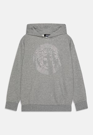 Gray hoodie made from soft fabric, featuring a central Medusa emblem in rhinestones, kangaroo pocket, and ribbed cuffs and hem.