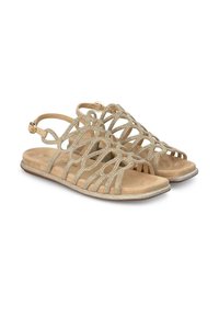 Gouden glitter sandalen met een ontwerp van banden en open teen. Zachte tan suede binnenzool en platte rubberen zool. Verstelbare enkelband.