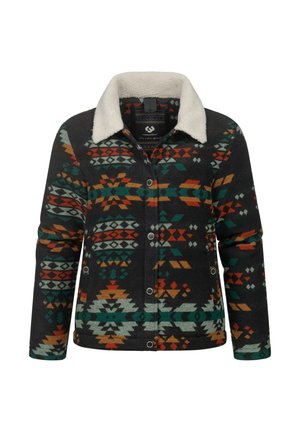 Multi-colored jacket with a black base, featuring a geometric pattern in green, orange, and cream. Soft, faux fur collar and snap buttons.