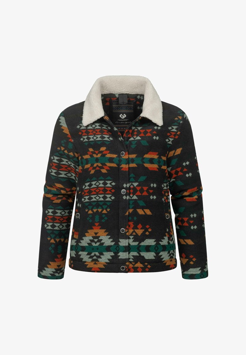 Värviline jakk mustal taustal, millel on geomeetriline muster rohelises, oranžis ja kreemjas värvitoonis. Pehme kunstkarusnahast krae ja nööbid.