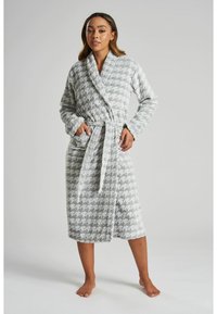 Grau houndstooth-musterter Bademantel aus weichem Stoff mit Wickeldesign, langen Ärmeln und einem selbstbindenden Gürtel sowie seitlichen Taschen.