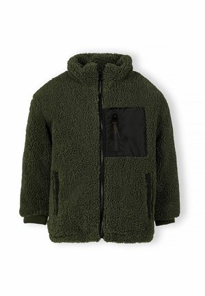 Veste en polaire verte avec fermeture éclair à l'avant, col haut et poche en tissu noir. Comprend des poches latérales et des poignets côtelés pour le confort.