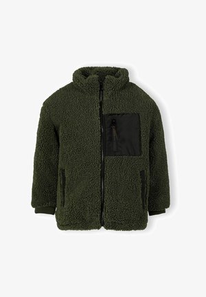 Veste en polaire verte avec fermeture éclair à l'avant, col haut et poche en tissu noir. Comprend des poches latérales et des poignets côtelés pour le confort.
