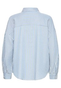 Blue and white striped oversized shirt with long sleeves, a collared neck, and buttoned cuffs. Made from lightweight fabric.