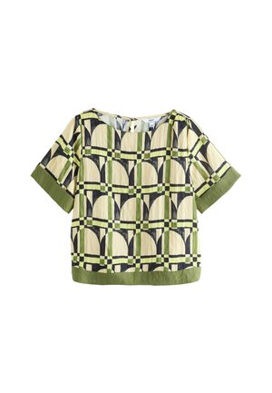 Kurzärmeliges Oberteil aus einem leichten Stoff mit einem geometrischen Muster aus Bögen in Creme, Grün und Schwarz, mit einem einfarbigen grünen Saum.