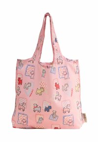 Rožinė nešiojamoji rankinė, papuošta žaismingais šunų spaudiniais įvairiomis spalvomis, su geometriniais raštais ir minkšta tekstūra. Reguliuojamos dvi rankenos.