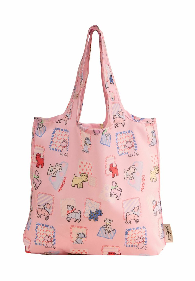 Rožinė nešiojamoji rankinė, papuošta žaismingais šunų spaudiniais įvairiomis spalvomis, su geometriniais raštais ir minkšta tekstūra. Reguliuojamos dvi rankenos.