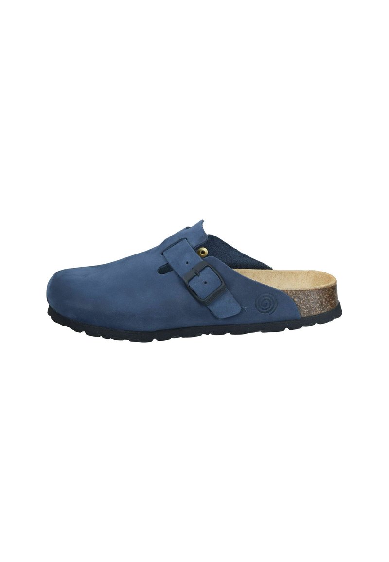 Blue suede clog with a black strap and brass hardware. Lightweight sole with a cork accent. Open back design with a textured footbed.