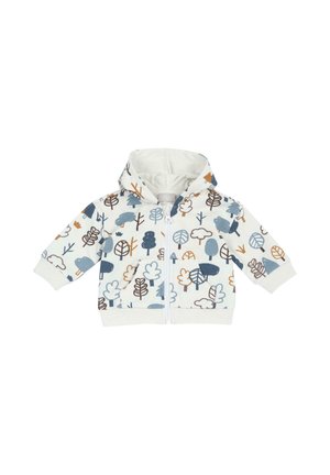 Hvid baby-hoodie med fuld lynlås og blå, brune og grå træ- og skymønstre, med ribstrikkede manchetter og forlomme.
