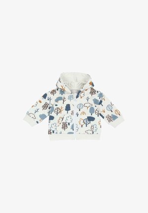 Hvid baby-hoodie med fuld lynlås og blå, brune og grå træ- og skymønstre, med ribstrikkede manchetter og forlomme.