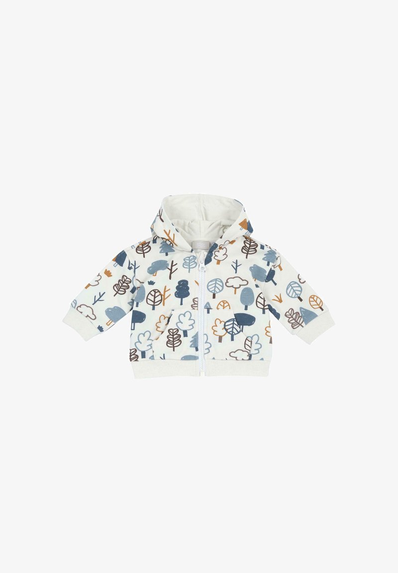 Sweat à capuche bébé blanc avec fermeture éclair intégrale et motifs d’arbres et de nuages bleus, marron et gris, avec poignets côtelés et poche avant.