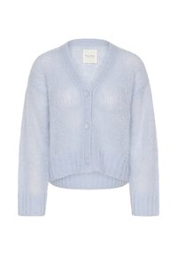 Cardigan bleu clair en maille avec un col en V, coupe courte, fermeture par boutons et poignets côtelés, confectionné dans un matériau doux et texturé.