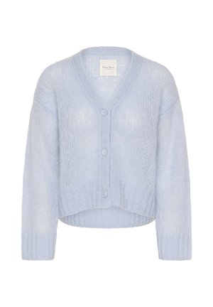 Light blue knitted cardigan with a V-neck, cropped design, button closure, and ribbed cuffs, made from soft, textured material.