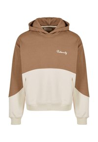 Brun og kremfarget hettegenser laget av myk stoff, med kengurulomme, ribbete mansjetter og brodert logo i kursiv på brystet.