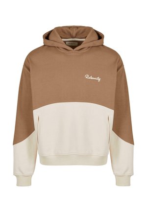 Sudadera marrón y crema hecha de tejido suave, con un bolsillo canguro, puños de canalé y un logo bordado en cursiva en el pecho.