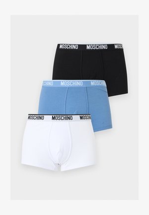 Try vyrų bokseriai juodos, mėlynos ir baltos spalvos, kiekviename - su firminiu "Moschino" juosmeniu, vertikaliai sudėti šviesiame fone.