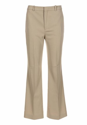 Beige, straight-leg tailored trousers with belt loops and front crease lines.