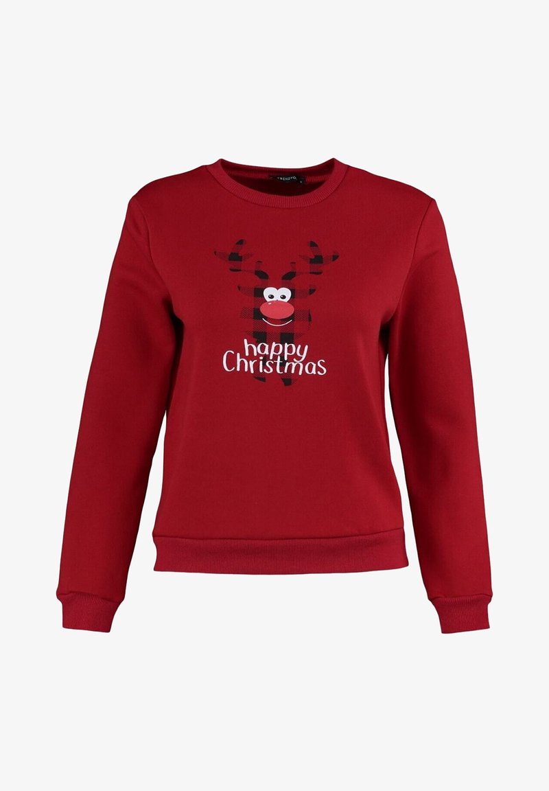 Sweatshirt rouge avec un col rond, présentant un graphique de renne à carreaux noirs et rouges avec le texte "joyeux Noël" en dessous. Poignets et ourlet côtelés.