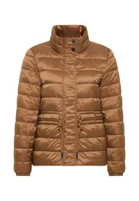 Giacca a vento marrone con colletto alto, texture trapuntata, due tasche frontali, vita con cordoncino e bottoni a pressione neri.