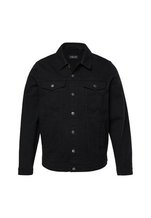 Chaqueta de mezclilla negra con un diseño clásico, que cuenta con dos bolsillos en el pecho, botones de hardware plateado y un cuello con solapa.