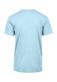 Hellblaues T-Shirt mit kurzen Ärmeln, aus Baumwolle gefertigt, mit Rundhalsausschnitt. Auf der Rückseite befindet sich ein kleines, dezentes Markenlogo in der Nähe des Kragens.
