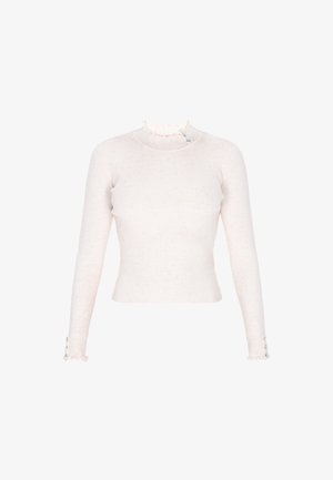 Világos rózsaszín bordázott, hosszú ujjú felső, magas fodros nyakkal és fodros mandzsettagépekkel, díszítő gombokkal az ujjak végén.