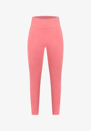 Roze leggings met een hoge tailleband, een gladde textuur en een nauwsluitende pasvorm, gemaakt van rekbaar, lichtgewicht materiaal.