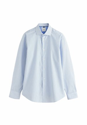 Chemise à manches longues rayée bleu clair et blanche en coton. Dotée d'un col classique et d'une fermeture à boutons à l'avant. Ourlet droit avec un poignet à bouton.